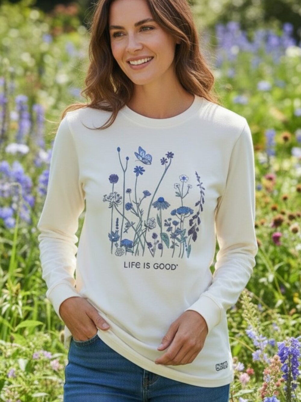 Life is Good W's Butterfly Wildflowers Long Sleeve Crusher Crew Tee